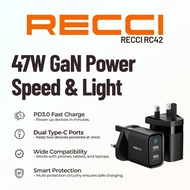 Recci GaN Dual USB-C Charger | 47W Pantas Cas GaN PD3.0 PD2.0 | Dual Port 5-20 V 27W+20W UK Plug