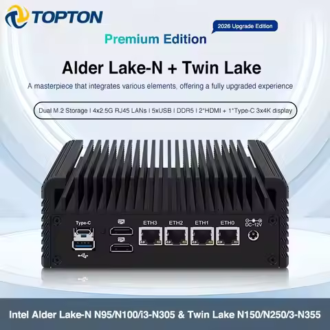 Topton Fanless Mini PC Intel i3 N355 N305 N150 N95 4x2.5G LANs DDR5 NVMe IOT Firewall Mini Computer