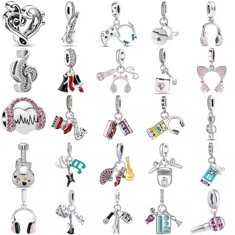 Beautigul Original Charms Bead 925 Sterling Silver Music Casual Series Headphones Guitar Charms Pend