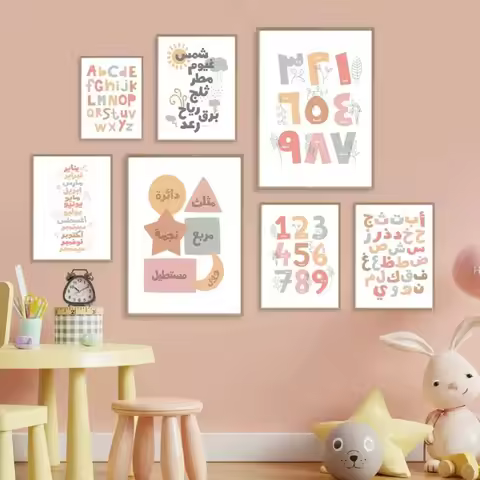Arabic English Alphanumeric Month Week Learn Education Wall Art Print Canvas Painting Posters for Li