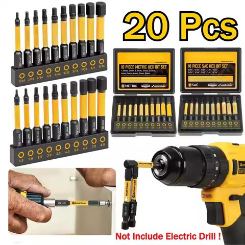 20-Piece Hex Head Allen Wrench Drill Bit Set Metric and SAE S2 Steel Hex Magnetic Tips 2.3" Long wit