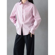 Commuter Long Sleeve Shirt - Pink & Blue Stripe with Arc Hem and Single Pocket