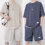 [7 Colors] Men's Summer Quality All-match Waffle Plain T-shirt and Shorts Loose Comfort Sports Home 