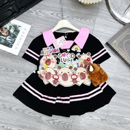 (15-40kg) Set thun cotton áo cổ tim in hình cừu bông Kuromi Labubu phối chân váy xếp ly KÈM THỎ ÁO H