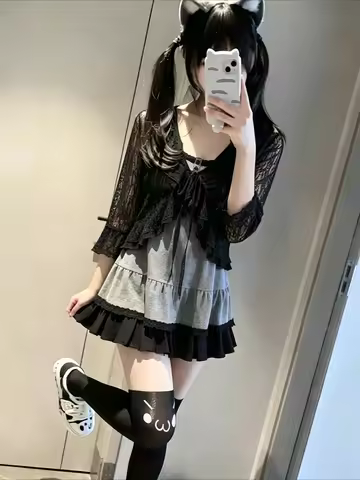Harajuku Vintage Women 3 Piece Set Short Cardigan Slim Fit Vest Y2K Mini Skirt Gothic Sweet Subcultu