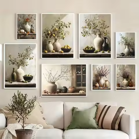 1pc Frameless Retro Still Life Poster Printing Lemon Olive Tree Plant in Vase Canvas Painting Plant 