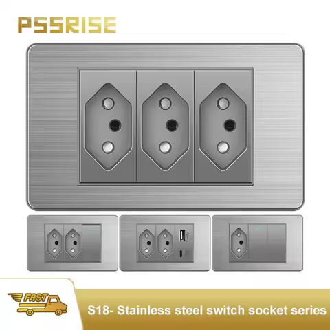 PSSRISE Grey Stainless Steel Panel Brazil Switzerland Standard 10A 20 amp wall Socket 16A Light Swit