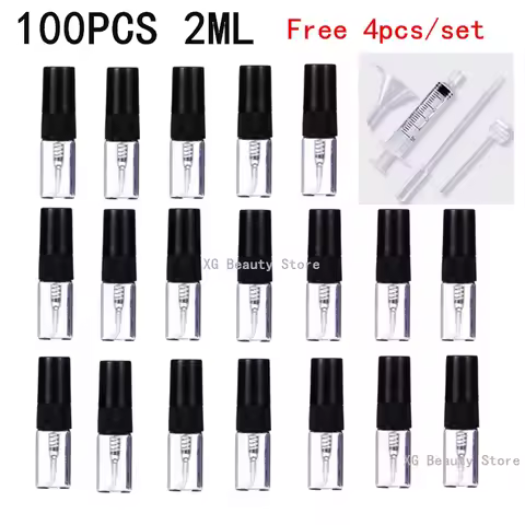 5/10/50/100PCS 2ML Black Refillable Bottle Glass Spray Bottle With 4 Accessories , 1 Dropper, 1 Funn