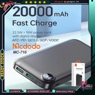 Original Mcdodo MC-7160white MC7161 Black 20000mAh, AFC+PD+QC 3.0+SCP+VOOC Quick Charge Digital Disp
