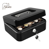 Locking Cash Safe Box with Key Lock, Money Box with Removable Coin Tray, Portable Metal Cash Box wit