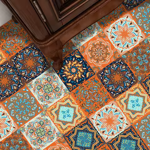 10pcs Orange Floral Pattern Tile Sticker Waterproof Film For Tiles /Ground in Kitchen Bedroom Toilet