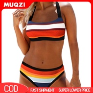 2 Pcs/Set Women Bikini Set Colorful Stripe Print U Neck Contrast Color Swimming Suit Water Sports Cl
