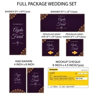 CUSTOM DESIGN FULL PACKAGE WEDDING SET INCLUDE BANNER, PENUNJUK ARAH, KAD KAHWIN DAN MOKAP CEK