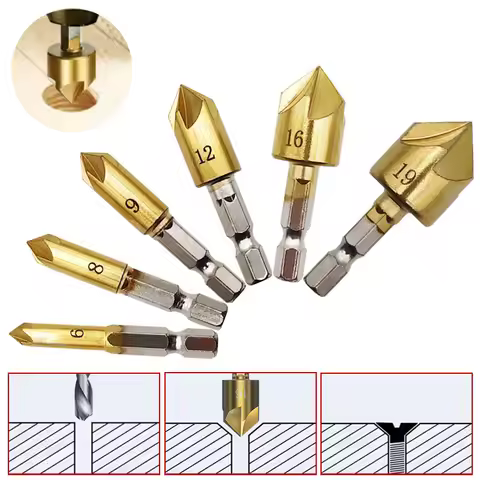3/6pcs Countersink Drill Bit Set 1/4'' Hex Shank HSS 5 Flute Countersink 90 Degree Wood Chamfering C