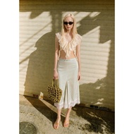 ANOTHERWAY Eska Top & Eska Skirt | Slit Chiffon Blouse Tie Waist & Lace Midi Silk Skirt (SEPARATED S