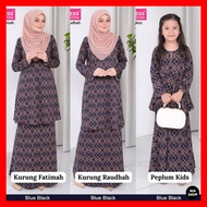 Raya 2024 Dhia Cotton Ironless Set 364 Blue Black Baju Kurung Fatimah Raudhah Peplum Kids Sedondon Ibu Dan Anak
