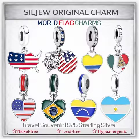 SilJew Country Flag Heart Charm 925 Silver Enamel Pendant Fit Bracelet USA Brazil Argentina Italy Ve