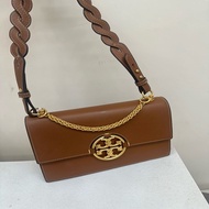 閑置Tory Burch Miller 飾以手工編織標誌性雙TLogo 粒面牛皮革 風琴包 手提包 斜挎包 單肩包 棕色