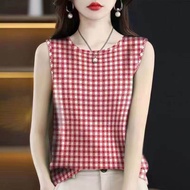 Mùa Hè Mỏng Kẻ Caro Cộc Tay Không Tay Nữ  Áo Hai Dây Thời Trang Sành Điệu Rộng Rãi Áo Khoác Ngoài Ca