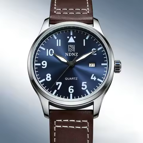 NDNZ Latest Pilot Quartz Watch Retro Casual Business Mens Watch Brown Leather Strap