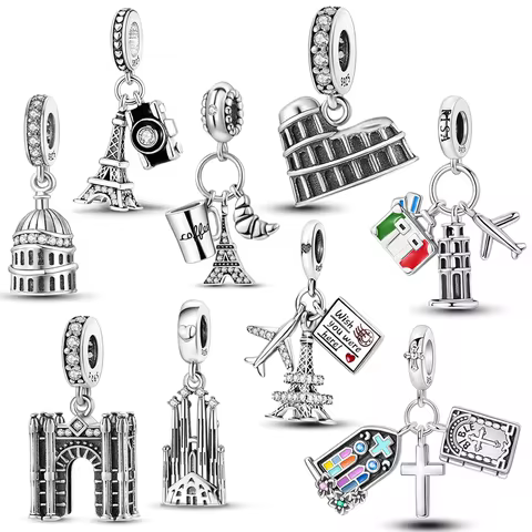 925 Sterling Silver Travel Round The World Charms Bead Triumphal Arch Eiffel Tower Dangle Fit Origin