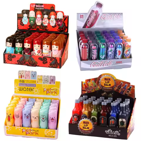 24Pcs Cute Drink Bottle Lip Balm Soda Flavored Color Changing Moisturizing Lipstick Lip Balm Kids Li