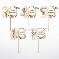 Happy Birthday 30th, 40th, 50th, 60th, 70th Wooden Cake Topper - Floar Pattern and Number 30, 40, 50