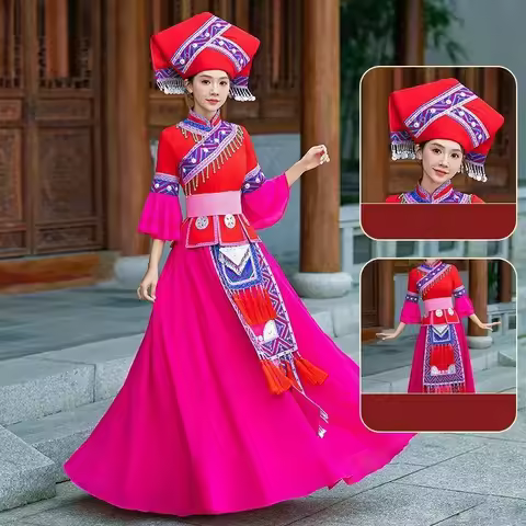 New Hmong Clothes Woman Traditional Clothing Chinese Folk Dance Hmong Miao Skirt Top Hat Suit Ethnic