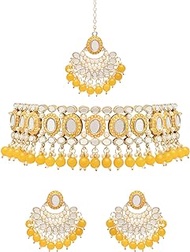 I Jewels Gold Plated Indian Wedding Bollywood Kundan Choker Necklace Chandbali Earring &amp; Maang Tikka Ethnic Jewellery Set Gift for Women &amp; Girls(K7228-1)
