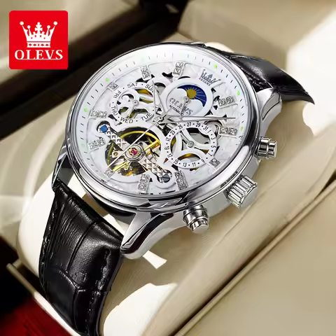 OLEVS 6658 Leather Strap Men's Watches Lunar phase Waterproof Full Hollow Out Automatic Mechanical W