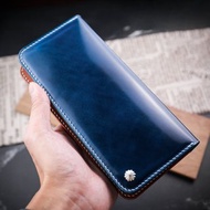 【輕薄對折 長夾】大弧角 銀釘 藍色Cordovan馬臀皮 客製化刻字