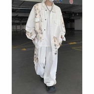 Women's casual lovito coordinates Vintage Flame Stitching White Short Denim Jacket Men's and Women's