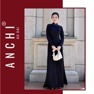 Traditional Black Ao Dai, Plain Pearl Silk Fabric, Luxurious Beaded Collar - ANCHI Ao Dai