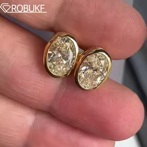 18K Gold Plated 4*6mm Moissanite Stud Earring for Women Bezel Set Oval Cut Lab Grown Diamond S925 Si