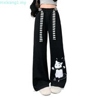 Plus Size Women Cat Embroidery Long Pants Loose Casual Straight Pants