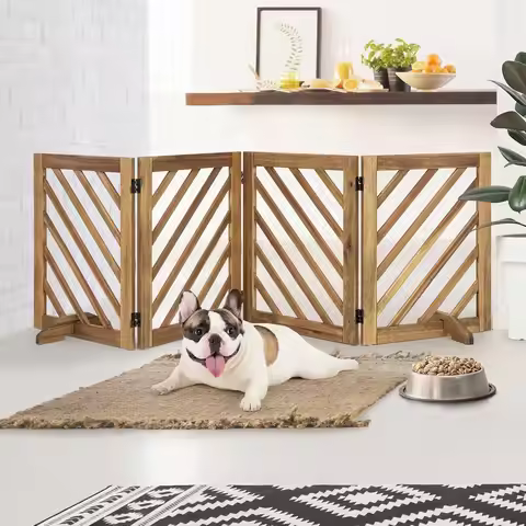 Solid Acacia Wood Dog Gate, 81 Inches Wide, Freestanding Foldable Pet Barrier for Doorway Kitchen Ha