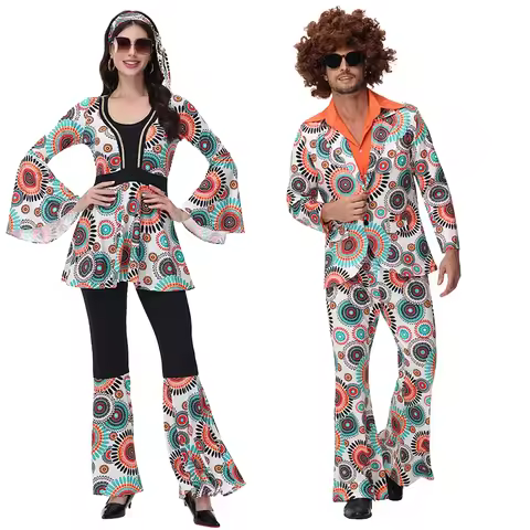 60s 70s Hippie Costume for Women Men 70's Disco Vintage Outfits Cosplay Halloween Fancy Dress Up Adu