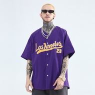 American Retro Hip-Hop Hip-Hop Hip-Hop Baseball Short-Sleeved 23 Printed Arc Hem Cardigan Loose Shir