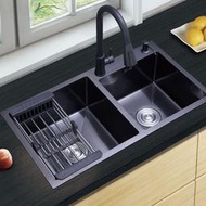 】黑色納米304不銹鋼水槽 洗手槽 洗菜槽 洗碗池 水池 單槽帶支架廚房洗碗池 單槽雙槽加厚臺上中下盆