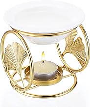 JUXYES Decorative Candle Wax Warmer for Scented Wax, Ceramic Wax Melting Pool with Ginkgo Leaf Metal Rack, Scented Wax Melts Warmer Candle Essentail Oil Burner Diffuser Fragrance Warmer