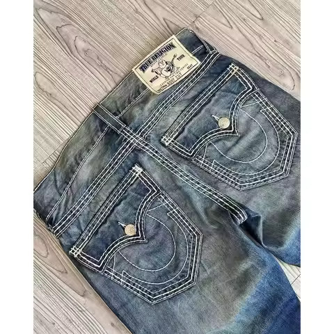 Buddha Jeans Vintage Y2K Men's Jeans Women's Pocket Embroidered Jeans Patch Leather Vintage Blue Jea