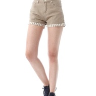 EDWIN 女款 MISS 503反摺條紋棉麻短褲 (淺卡其)
