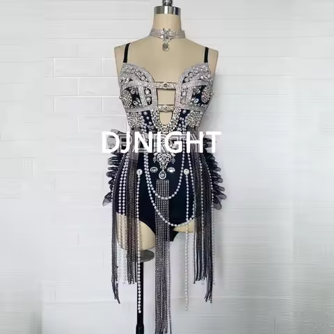 Bar Nightclub Ds Dj Pole Dance Clothing Full Diamond Pearls Fringed Chain Bodysuit Women Stage Gogo