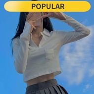 baju t shirt perempuan lengan panjang viral murah Kelihatan Kurus Langsing Versi Korea dengan Butang Terbuka Polo Kolar Kemeja Bawah Rasa Reka Bentuk Wanita T-Shirt Musim Luruh Liar Lengan Panjang