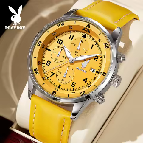 PLAYBOY Luxury Quartz Men's Watches Fashion Casual Leather Strap Sports Chronograph Wristwatch Origi