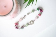 心輪能量石手鍊，925純銀，碧璽，薔薇輝石，紅寶綠泥石