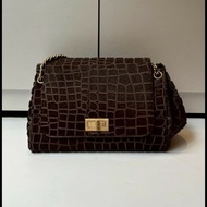Chanel 金鍊深咖色馬毛鱷魚紋口蓋風琴包