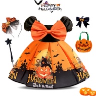 MQATZ ชุดคอสเพลย์แม่มดสำหรับเด็กผู้หญิงชุดฟักทองผีหัวกะโหลกพิมพ์ลายชุดเดรสปาร์ตี้หรูหราสำหรับเด็กวัย