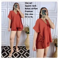 One Set Long Square Hotspants Crinkle Airflow Set - Set