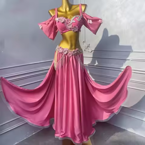 High-end Pink Flower Chain American Samba Women's Adult Stage Professional Clothing Belly Dance Dres